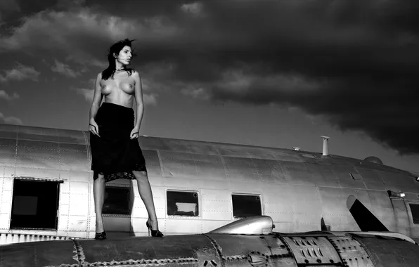 Chest, the sky, girl, the plane, shadow, the airfield, black and white, on the wing