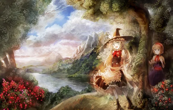 Mountains, nature, river, girls, anime, hat, witch