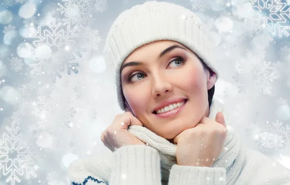 Picture winter, face, smile, woman, Girls, eyes, lips, hands