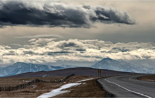 Road, field, clouds, mountains, the fence