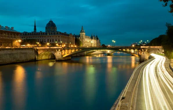 Road, bridge, the city, lights, river, castle, France, Paris