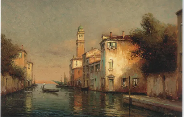 Picture boat, people, home, A VENITIAN CANAL SCENE, BOUVARD