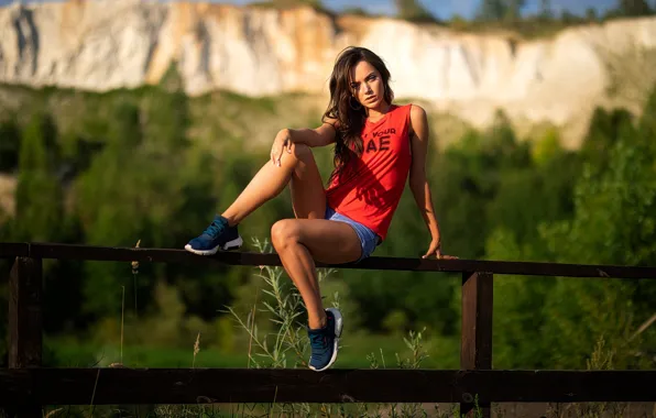 Picture girl, sky, trees, field, nature, model, brunette, sneakers