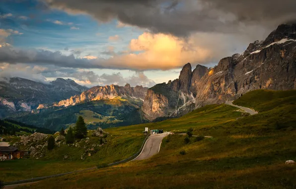 Road, field, forest, the sky, clouds, light, mountains, stones