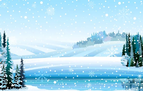 Picture winter, snow, trees, snowflakes, collage, postcard