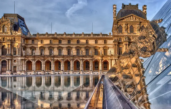 Picture reflection, France, Paris, The Louvre, pyramid, Paris, Museum, architecture