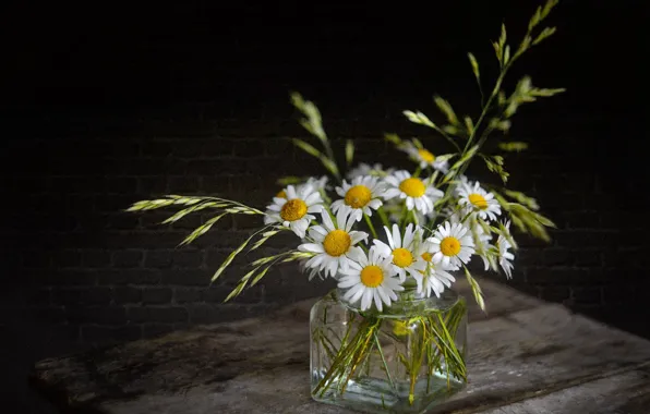 Flowers, the dark background, table, wall, chamomile, bouquet, spikelets, bricks