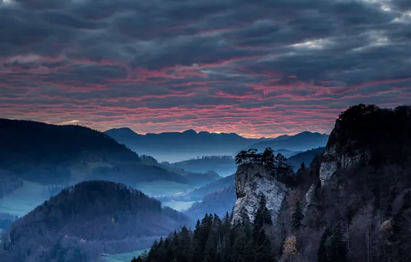 The sky, trees, mountains, clouds, rocks, the evening, valley