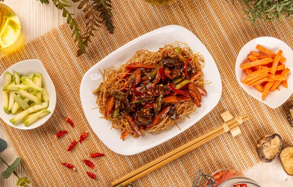 Food, sticks, Mat, vegetables, noodles, bowls, Asian cuisine