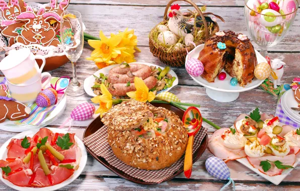 Picture table, eggs, bread, Easter, meat, cake, serving, cuts