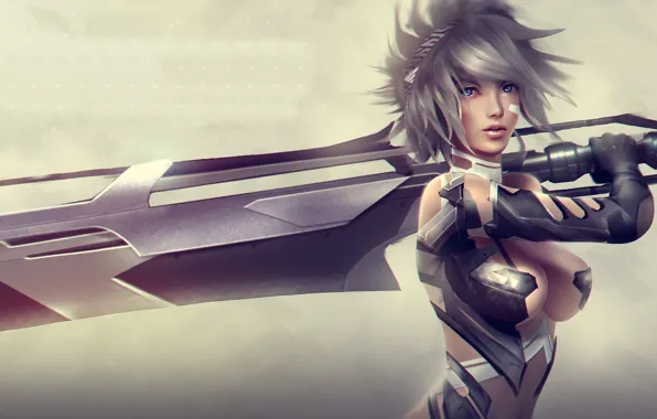 Picture chest, girl, sword, beauty, art, League of Legends, riven, moba