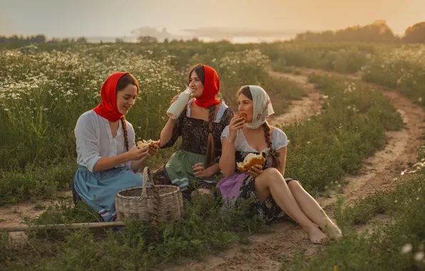 Picture field, grass, girls, stay, harvest, three, Tatyana Shepeleva