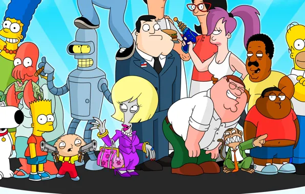 Picture Futurama, cartoon, crossover, Family Guy, The Simpsons, tv series, The Cleveland Show, American Dad!