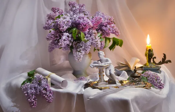 Picture branches, candle, fabric, book, vase, figurine, still life, lilac