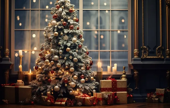 Winter, snow, decoration, room, balls, tree, interior, New Year