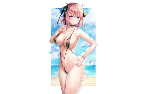 Girl, sexy, cleavage, beach, pink hair, sea, boobs, anime