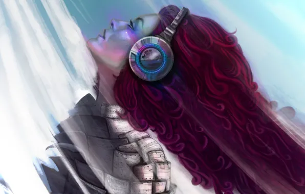 Girl, music, headphones, art, profile, red hair
