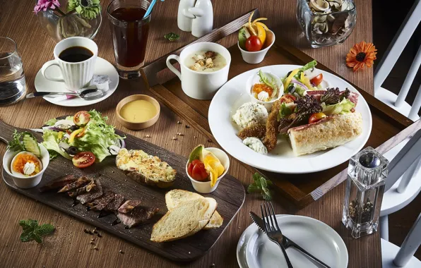 Coffee, fish, meat, vegetables, meals, cuts