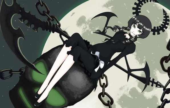 Picture the sky, stars, night, the moon, skull, anime, chain, Black Rock Shooter