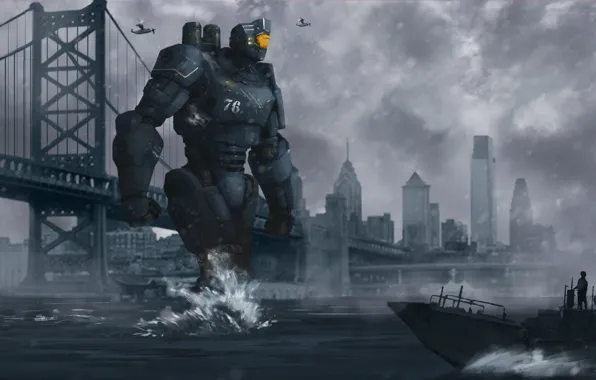 Bridge, the city, river, boat, robot, corsair, pacific rim, jaeger