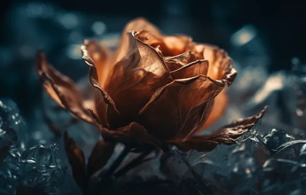 Macro, light, flowers, rose, orange, blue background, bokeh, composition