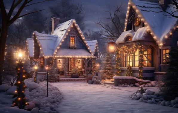 Winter, forest, snow, night, house, home, Christmas, New year