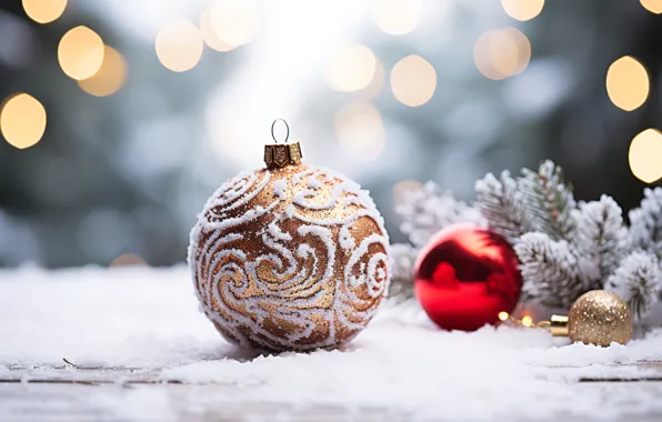 Winter, balls, snow, branches, red, lights, pattern, Shine