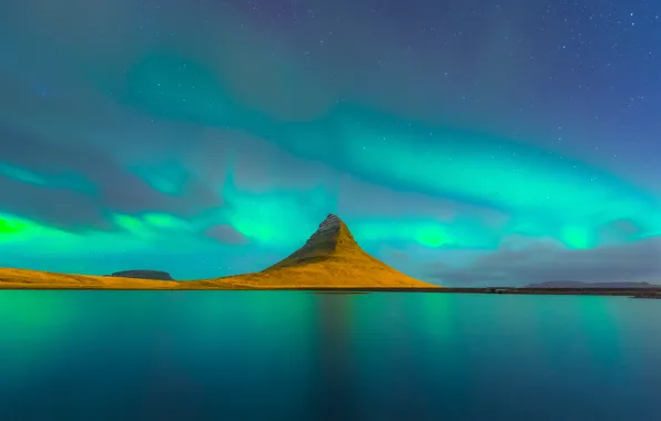 Stars, night, lake, lights, mountain, Iceland