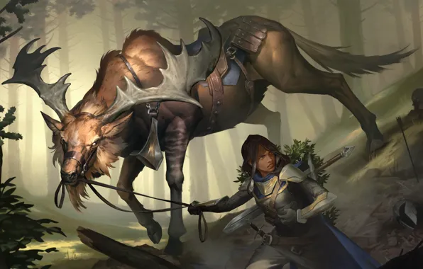 Forest, girl, deer, harness, Legends of Runeterra
