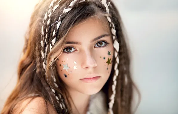Stars, girl, brown hair, brown eyes, brown-eyed, child photography, Like a star in the sky