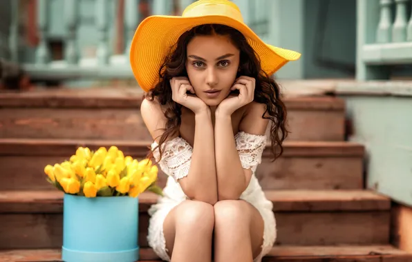 Picture girl, hat, legs, sitting, yellow tulips, Natia Gachava