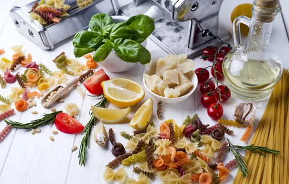 Oil, tomatoes, pasta, Parmesan, pasta, Basil