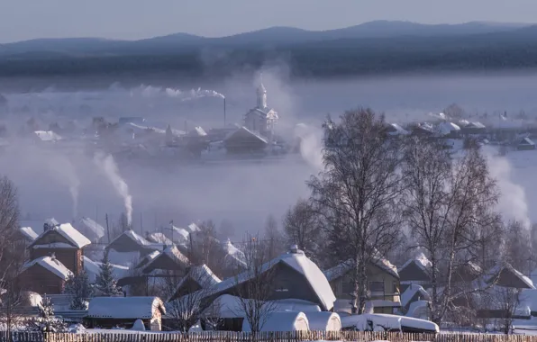 Picture winter, snow, landscape, nature, fog, home, village, frost