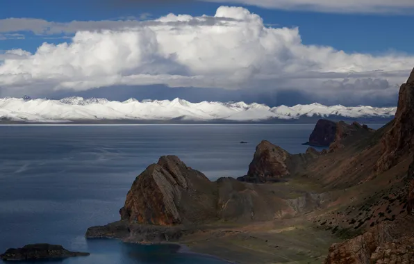 Picture clouds, mountains, rocks, shore, tops, pond, snow