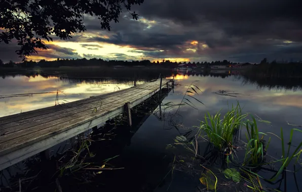 Picture sunset, bridge, lake, twilight