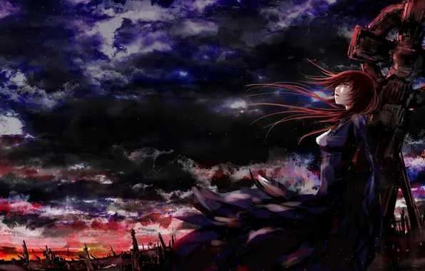 Picture girl, clouds, the wind, cross, art, vocaloid, megurine luka, gloomy