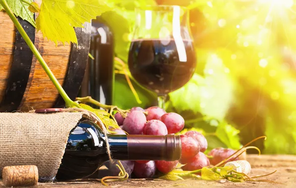 Wine, glass, bottle, grapes, barrel