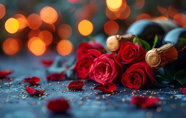 Flowers, lights, holiday, wine, bottle, roses, bouquet, petals