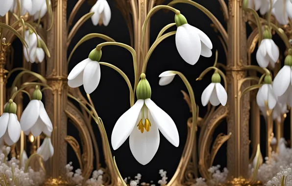 Forest, flowers, pattern, curls, texture, spring, styling, snowdrops