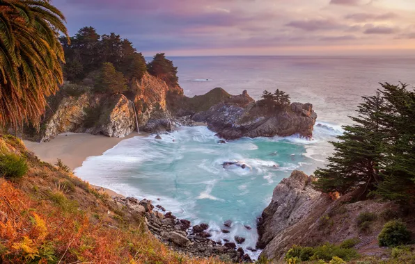 Sea, trees, rocks, waterfall, CA, USA, Julia Pfeiffer Burns State Park