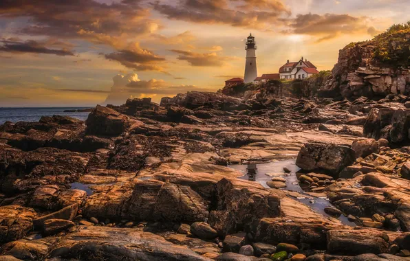 Sea, clouds, light, sunset, house, stones, rocks, shore