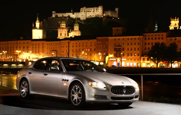 Wallpaper machine, night, Maserati, silver, Quattroporte S for mobile ...