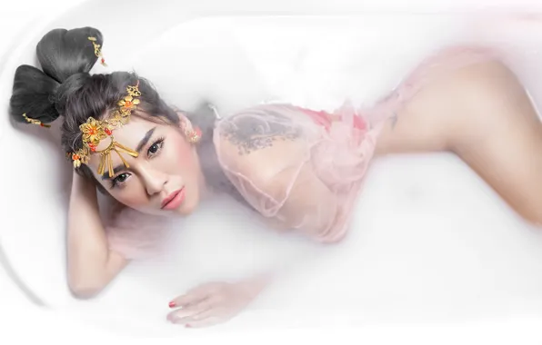Look, decoration, model, milk, bath, Asian, hairstyle