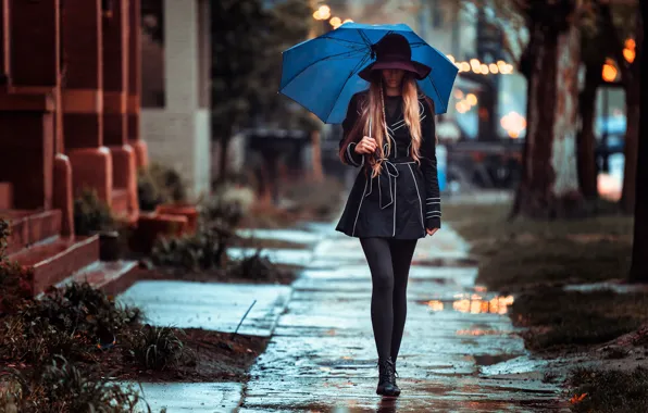 Girl, rain, street, umbrella, gait, Rainy day