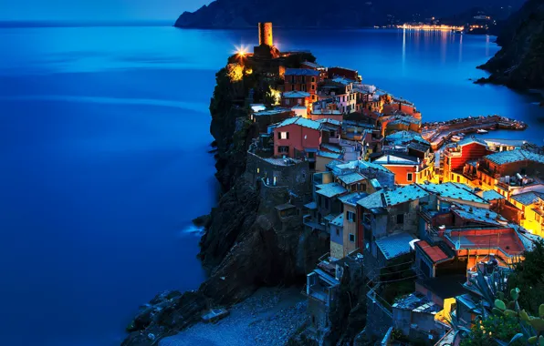 Sea, mountains, night, lights, rocks, coast, home, Italy