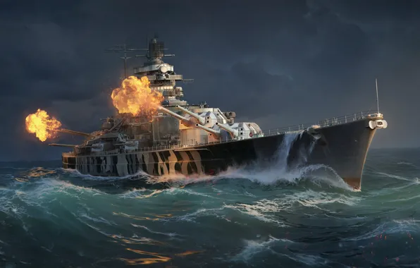 Picture Water, Sea, Wave, Ship, Shot, Camouflage, Tirpitz, Battleship