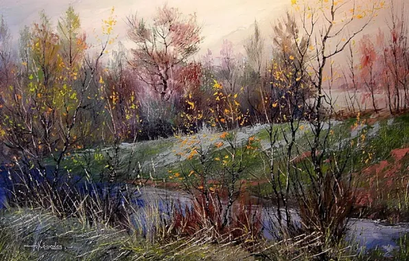 Picture autumn, landscape, river, overcast, picture, morning, day, painting