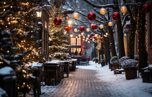 Winter, snow, decoration, night, the city, lights, balls, street