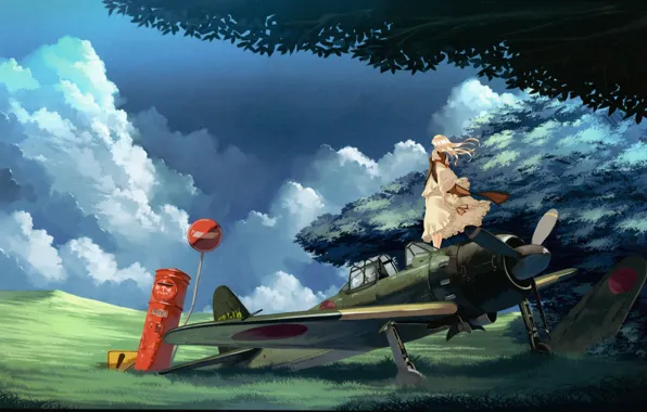 Grass, clouds, the plane, tree, the wind, sign, long hair, touhou