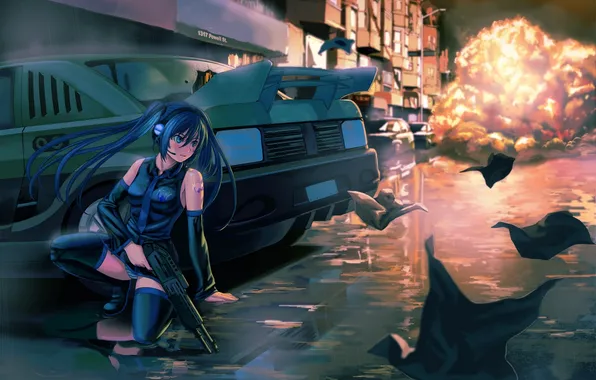 Girl, the explosion, night, weapons, street, car, vocaloid, hatsune miku
